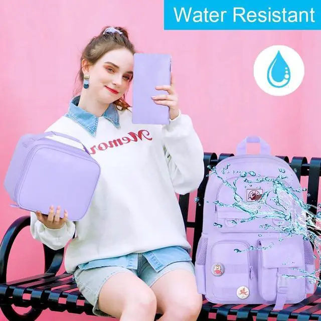 Alt view image 2 of 7 - 3PCS Laptop Backpack for Girls Women, 15.6" Cute Aesthetic Computer Water Resistant Anti Theft College School Bookbag with Lunch Box for Teens Students - Purple