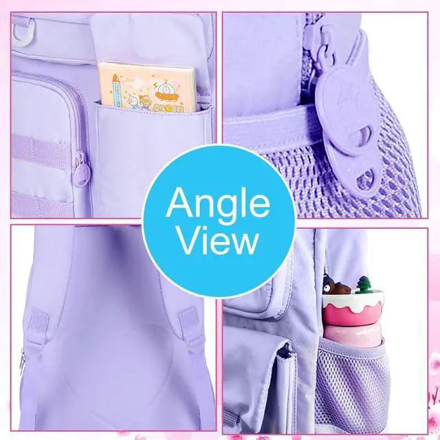Alt view image 4 of 7 - 3PCS Laptop Backpack for Girls Women, 15.6" Cute Aesthetic Computer Water Resistant Anti Theft College School Bookbag with Lunch Box for Teens Students - Purple