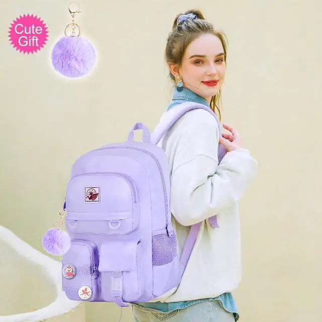 Alt view image 5 of 7 - 3PCS Laptop Backpack for Girls Women, 15.6" Cute Aesthetic Computer Water Resistant Anti Theft College School Bookbag with Lunch Box for Teens Students - Purple