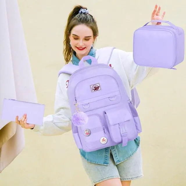 Alt view image 6 of 7 - 3PCS Laptop Backpack for Girls Women, 15.6" Cute Aesthetic Computer Water Resistant Anti Theft College School Bookbag with Lunch Box for Teens Students - Purple
