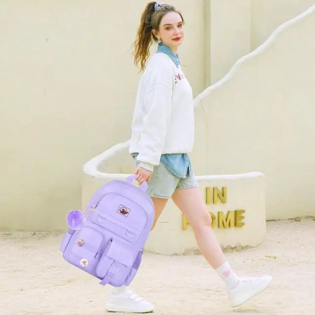 Alt view image 7 of 7 - 3PCS Laptop Backpack for Girls Women, 15.6" Cute Aesthetic Computer Water Resistant Anti Theft College School Bookbag with Lunch Box for Teens Students - Purple