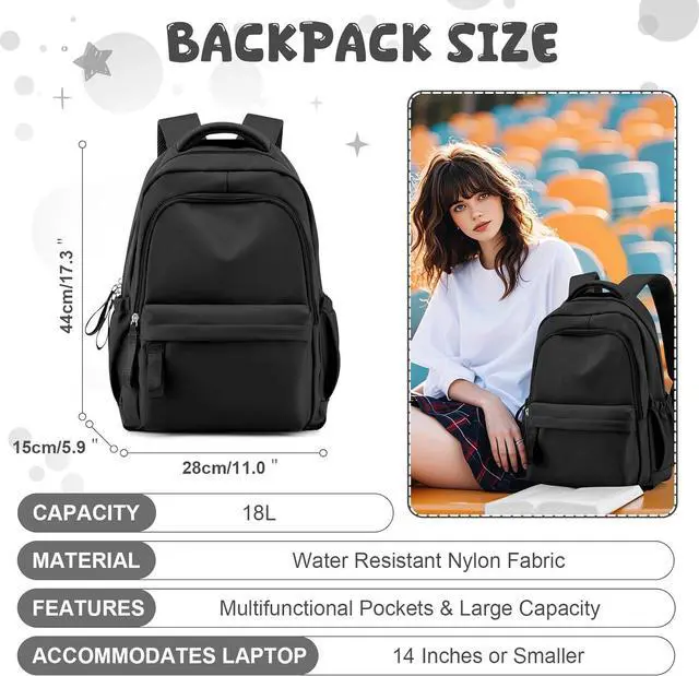 Alt view image 2 of 7 - winspansy Small Backpack For School Girls Boys Aesthetic Lightweight Travel Daypack Simple Cute Backpack For Women Men College High School Bookbag Fit 14 Inch Laptop,Black