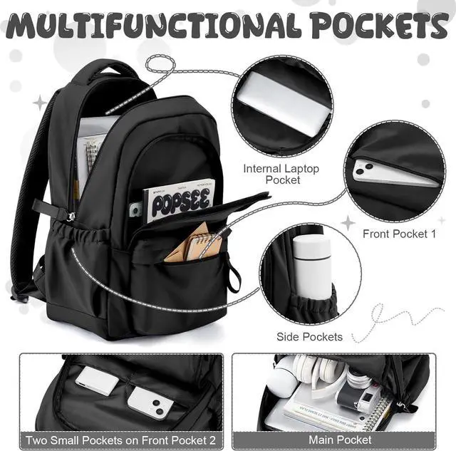 Alt view image 4 of 7 - winspansy Small Backpack For School Girls Boys Aesthetic Lightweight Travel Daypack Simple Cute Backpack For Women Men College High School Bookbag Fit 14 Inch Laptop,Black