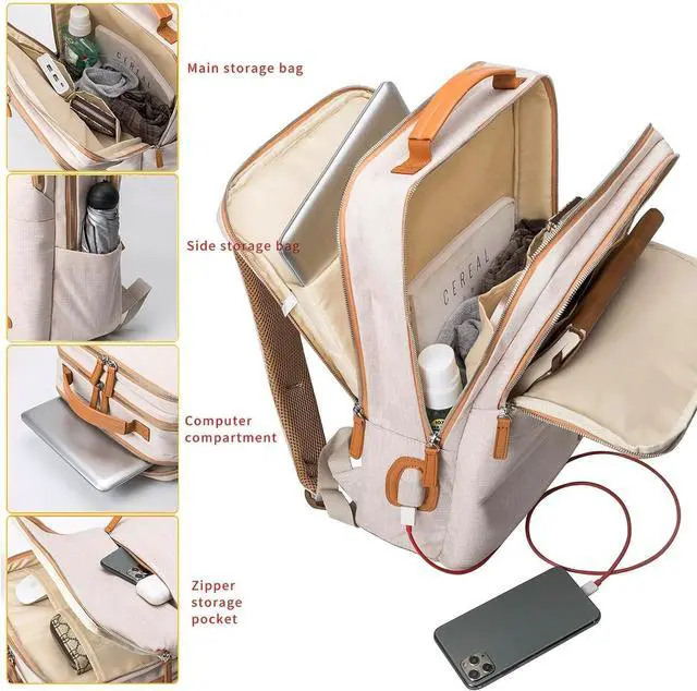 Alt view image 3 of 7 - NOBLEMAN Best Laptop Backpack for Women, Professional Adult Office Commuter Womens Computer Backpack, Luxury Lightweight Carry on Travel Personal Item Bag For Airlines Fits 16 Laptop (Beige Plus)