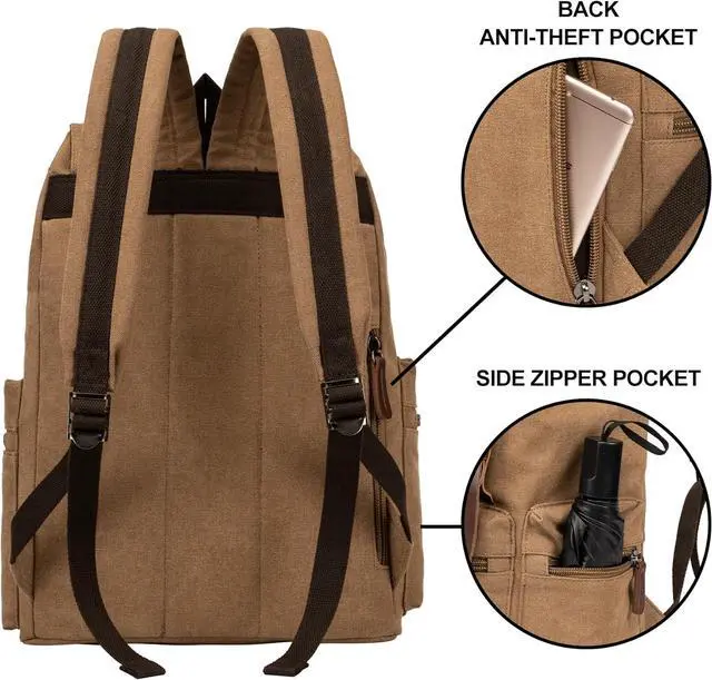 Alt view image 5 of 6 - Canvas Laptop Backpack, Vintage Daypack for Men Women, Travel Rucksack Knapsack Work College Computer Bag Bookbag Fits 15.6 Inch Laptop, Brown