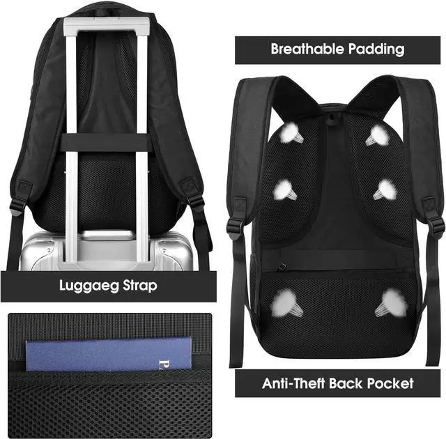 Alt view image 4 of 6 - Travel Laptop Backpack for Men and Women, 17 Inch Large School Backpacks for Teens, Business Anti Theft Durable Back Pack, Water Resistant Computer Bag with USB Charging Port, Black