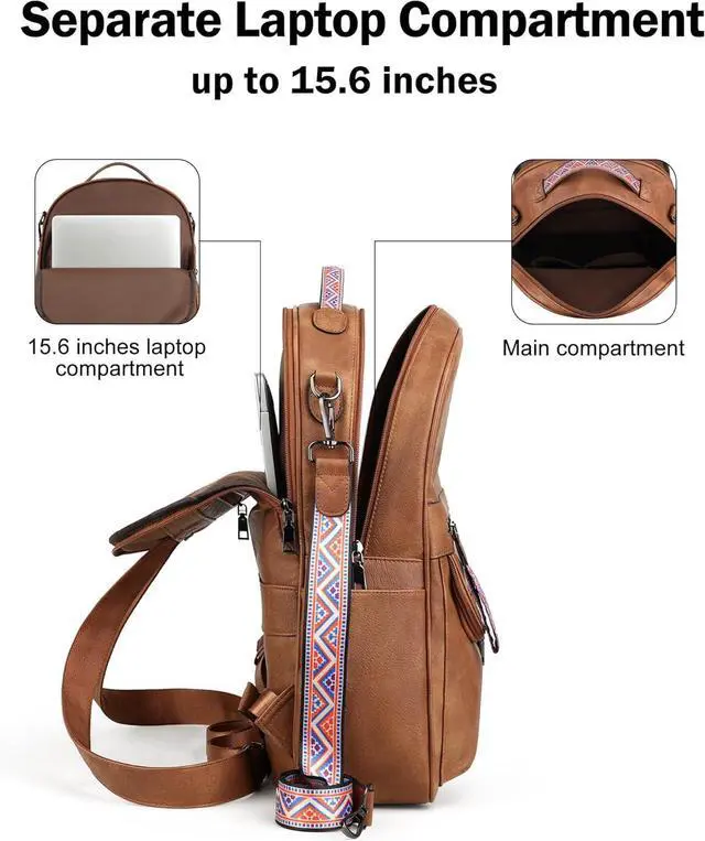 Alt view image 3 of 7 - FADEON 15.6 inch Leather Laptop Backpack Purse for Women, Designer Travel PU Backpack with Laptop Compartment for Work Brown