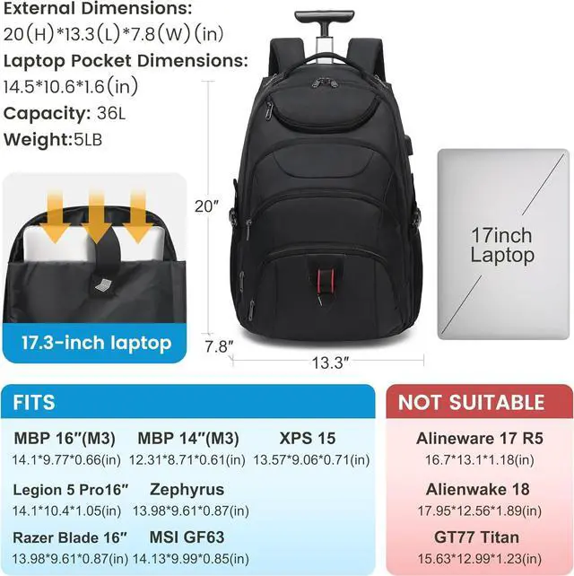 Alt view image 2 of 6 - Boavan Rolling Backpack,17 inch Water Resistant Wheeled Backpack,Carry on Luggage Business Bag, Overnight College Computer Trolley Suitcase for Men Women Adults to TravelBlack