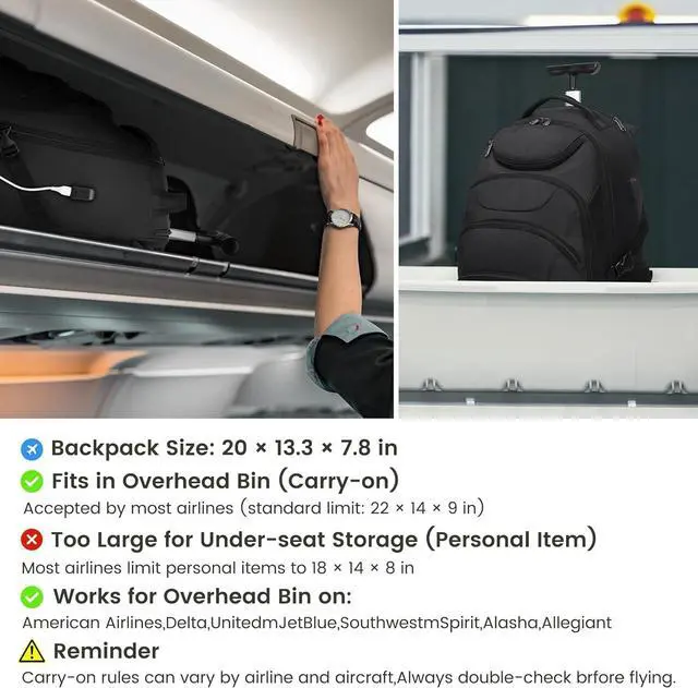 Alt view image 3 of 6 - Boavan Rolling Backpack,17 inch Water Resistant Wheeled Backpack,Carry on Luggage Business Bag, Overnight College Computer Trolley Suitcase for Men Women Adults to TravelBlack