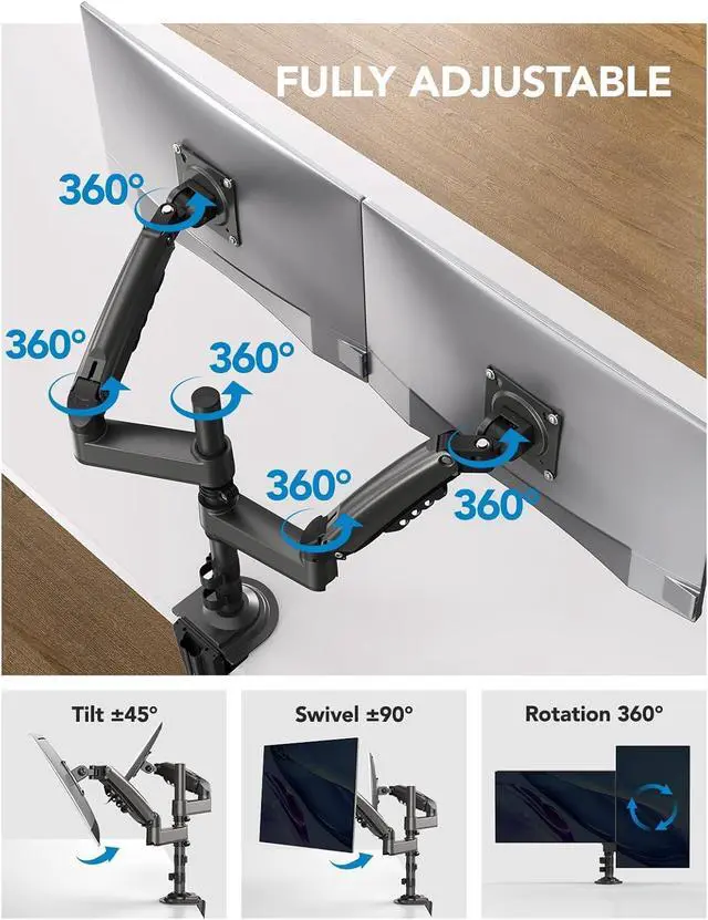 Alt view image 4 of 7 - HUANUO 17-32 Inch Dual Monitor Stand, Gas Spring Dual Monitor Mount, Monitor Stand 2 Monitors, Ergonomic Adjustable Tilt/Swivel/Rotate, Weight Max 19.8 lbs, VESA 75/100mm