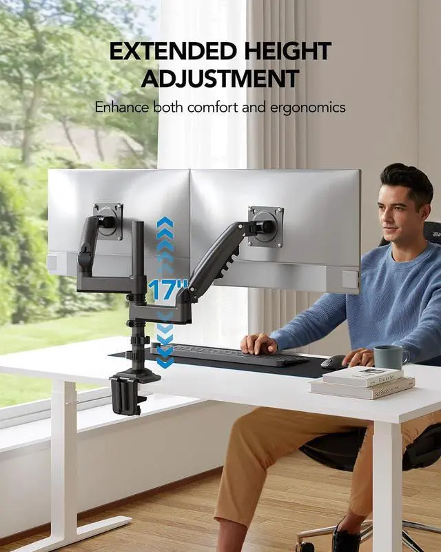 Alt view image 6 of 7 - HUANUO 17-32 Inch Dual Monitor Stand, Gas Spring Dual Monitor Mount, Monitor Stand 2 Monitors, Ergonomic Adjustable Tilt/Swivel/Rotate, Weight Max 19.8 lbs, VESA 75/100mm
