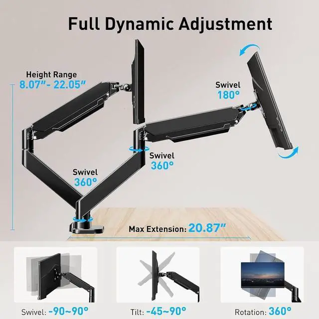 Alt view image 6 of 7 - HUANUO Dual Monitor Mount for 40 inch Ultrawide Screens up to 33 lbs, Heavy Duty Monitor Arm with Full Motion Adjustment, Dual Monitor Arm with Tilt, Swivel, Rotation, VESA 75x75 or 100x100mm
