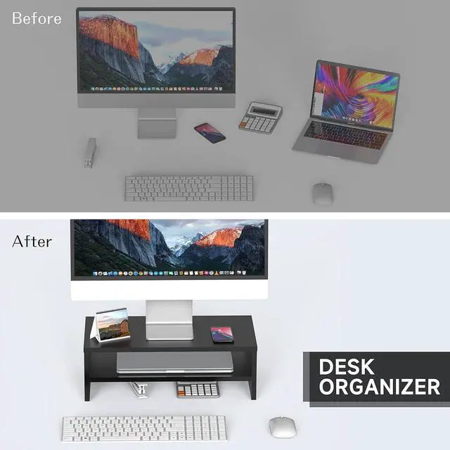 Alt view image 5 of 7 - FITUEYES Monitor Stand - 2 Tier Computer Monitor Riser Shelf, Wood Desktop Stand for Laptop Computer Screen, Desk Organization, Office Supplies