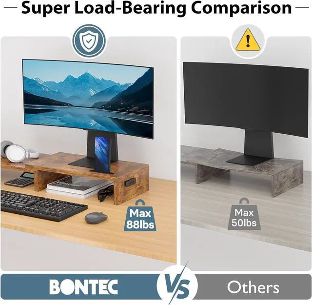 Alt view image 5 of 7 - BONTEC Dual Monitor Stand Riser with Smartphone Holder, Adjustable Length & Swivel Angle, Ergonomic Wooden Desktop Organizer for PC Monitor, Laptop, Printer, Large Storage, Rustic Brown