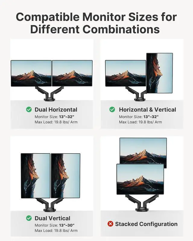 Alt view image 6 of 7 - HUANUO Dual Monitor Stand - Full Adjustable Monitor Desk Mount Swivel Vesa Bracket with C Clamp, Grommet Mounting Base for 13 to 32 Inch Computer Screens - Each Arm Holds 4.4 to 19.8lbs