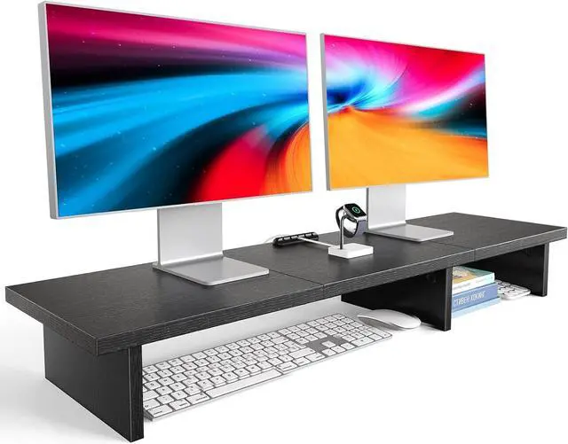 Main image of HUANUO Dual Monitor Stand Riser With Cable Clip - Desktop Storage Shelf Organizer for 2 Monitors, Computer, Laptop, Printer, TV