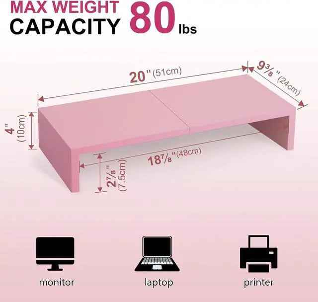 Alt view image 6 of 7 - TEAMIX Pink Monitor Riser-20L inch, Wood Monitor Stand for Desk, Sturdy TV/Screen/PC/Printer/Laptop Riser,Computer Shelf with Storage TV Holder for Home Office (Pink, 20 inch)