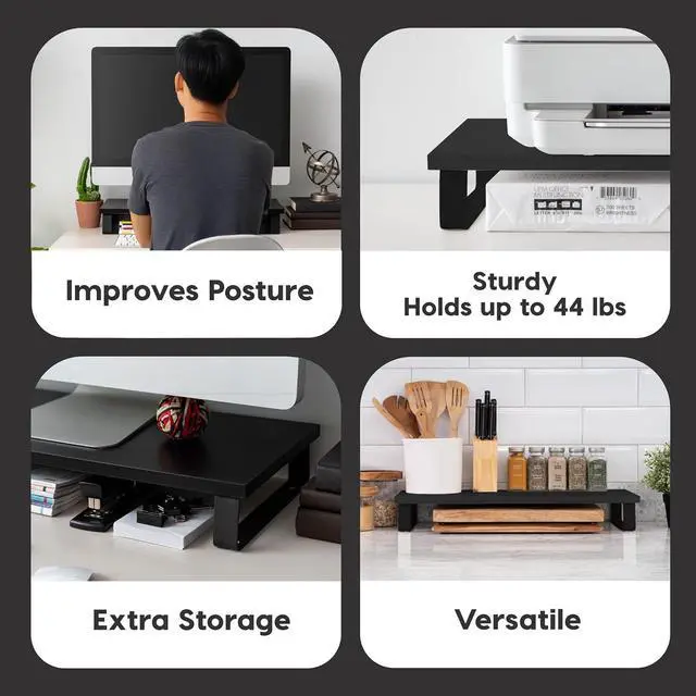 Alt view image 3 of 7 - IRIS USA 1-Tier Multi-Purpose Modern PC Monitor Organizer Stand with Metal Legs, Ergonomic Desktop and Countertop Riser for Computer Laptop TV Kitchen Pantry and Closet Organization, Black