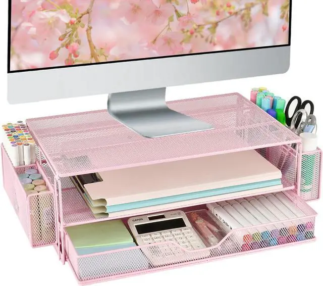 Main image of AUPSEN Computer Monitor Stands Riser2-Tier Desk Organizers and Accessories, Office Desk Accessories Organizer with Drawers and 2 Pen Holder for Office Supplies (Pink)