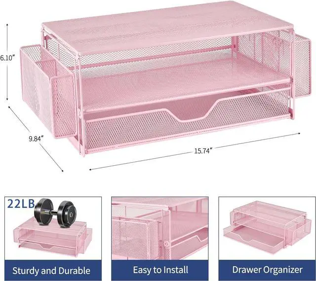 Alt view image 4 of 7 - AUPSEN Computer Monitor Stands Riser2-Tier Desk Organizers and Accessories, Office Desk Accessories Organizer with Drawers and 2 Pen Holder for Office Supplies (Pink)