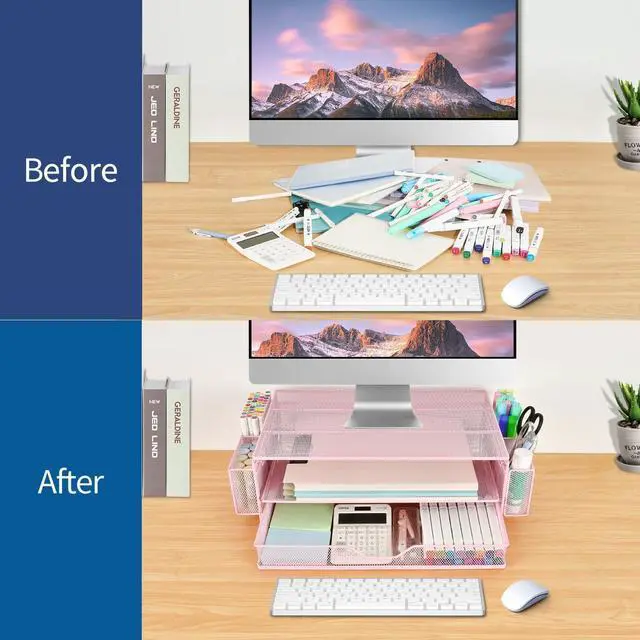 Alt view image 3 of 7 - AUPSEN Computer Monitor Stands Riser2-Tier Desk Organizers and Accessories, Office Desk Accessories Organizer with Drawers and 2 Pen Holder for Office Supplies (Pink)