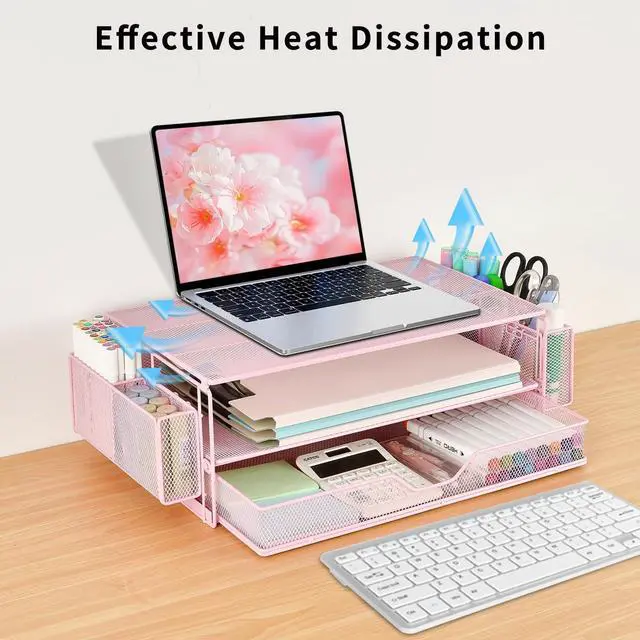 Alt view image 6 of 7 - AUPSEN Computer Monitor Stands Riser2-Tier Desk Organizers and Accessories, Office Desk Accessories Organizer with Drawers and 2 Pen Holder for Office Supplies (Pink)