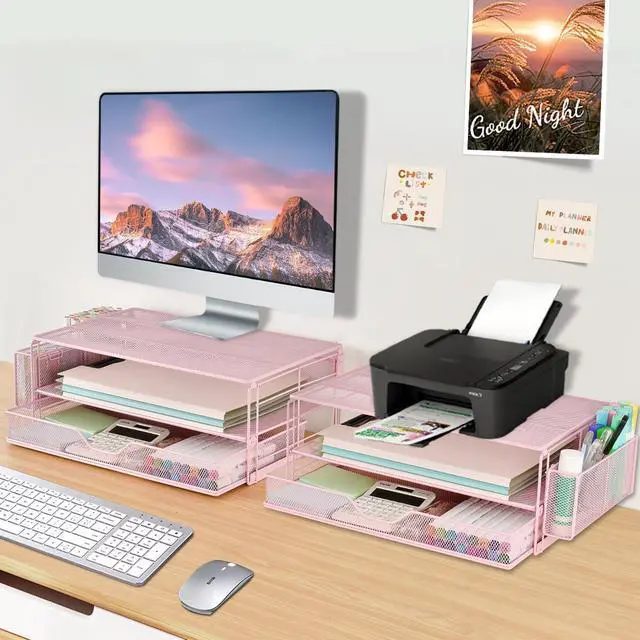 Alt view image 7 of 7 - AUPSEN Computer Monitor Stands Riser2-Tier Desk Organizers and Accessories, Office Desk Accessories Organizer with Drawers and 2 Pen Holder for Office Supplies (Pink)