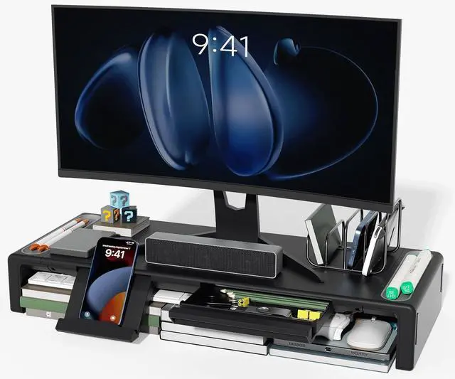 Main image of OImaster Monitor Stand Riser, Foldable Computer Monitor Riser, Adjustable Length Computer Stand and Storage Drawer & Pen Slot, Phone Stand Compatible Computer, Desktop, Laptop, Save Space (Black)