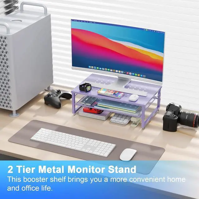 Alt view image 2 of 7 - gianotter 2-Tier Metal Monitor Stand Riser, Office Desk Storage Organizer for Computer Monitor, Laptop, Printer, Office Supplies (Purple)