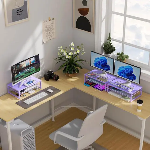 Alt view image 7 of 7 - gianotter 2-Tier Metal Monitor Stand Riser, Office Desk Storage Organizer for Computer Monitor, Laptop, Printer, Office Supplies (Purple)