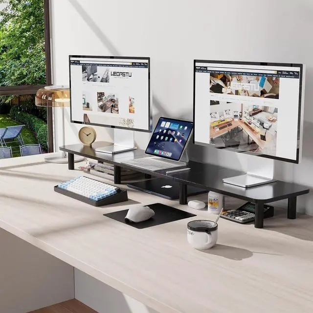 Alt view image 2 of 7 - 43.7" Extra Long Dual Monitor Stand Riser, Wood & Steel Monitor Stand for 2 Monitors, Wide TV Stand, Desktop Riser for Desk Organization, Home OfficeLaptop,Printer,TV (Black)