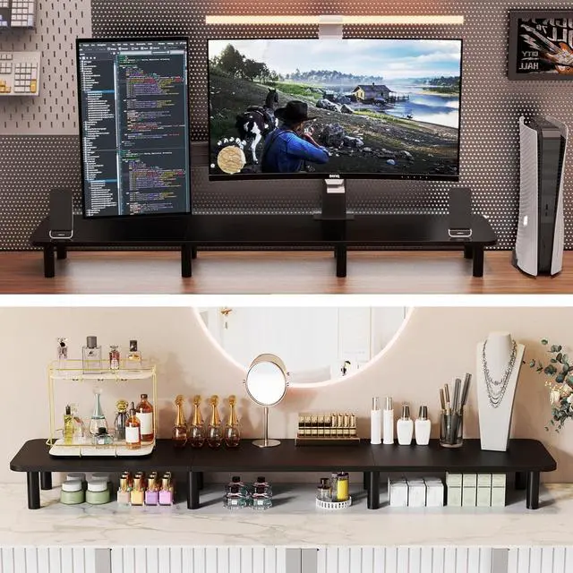 Alt view image 5 of 7 - 43.7" Extra Long Dual Monitor Stand Riser, Wood & Steel Monitor Stand for 2 Monitors, Wide TV Stand, Desktop Riser for Desk Organization, Home OfficeLaptop,Printer,TV (Black)