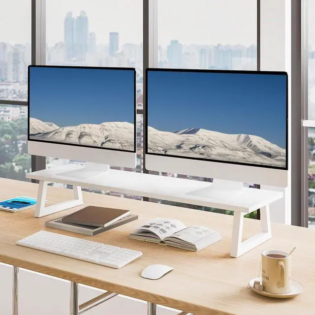 Alt view image 3 of 7 - TEAMIX White Dual Monitor Riser - 31.5 inch Wide TV Stand for 2 Monitors - Wood & Steel Desktop Riser for Dual Screen Office Desk Organization