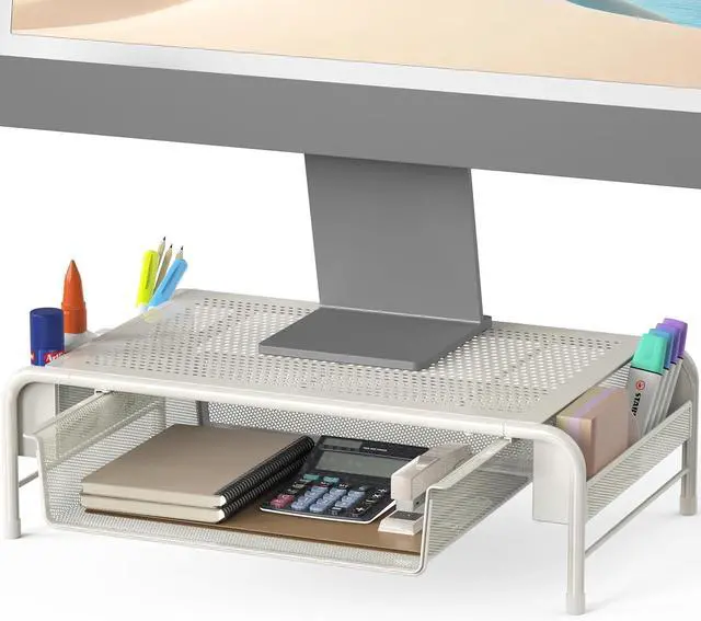 Main image of Simple Houseware Metal Desk Monitor Stand Riser with Organizer Drawer, White