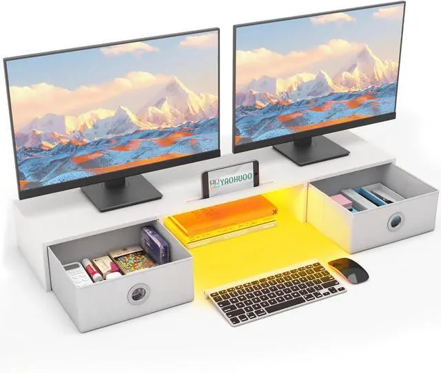 Main image of Dual Monitor Stand with LED Light 2 Drawers, Computer Monitor Riser for 2 Monitors, Large Desktop Organzier with Storage for PC/Laptop/Computer/TV Screen/Printer