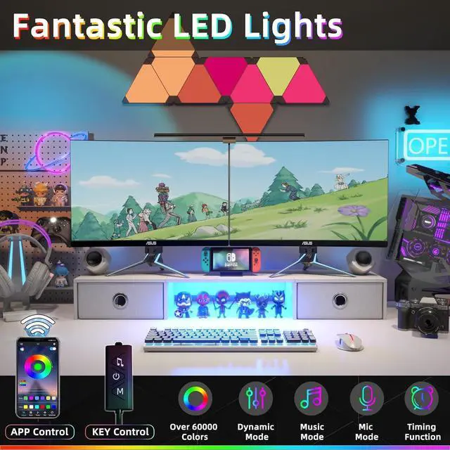 Alt view image 2 of 7 - Dual Monitor Stand with LED Light 2 Drawers, Computer Monitor Riser for 2 Monitors, Large Desktop Organzier with Storage for PC/Laptop/Computer/TV Screen/Printer