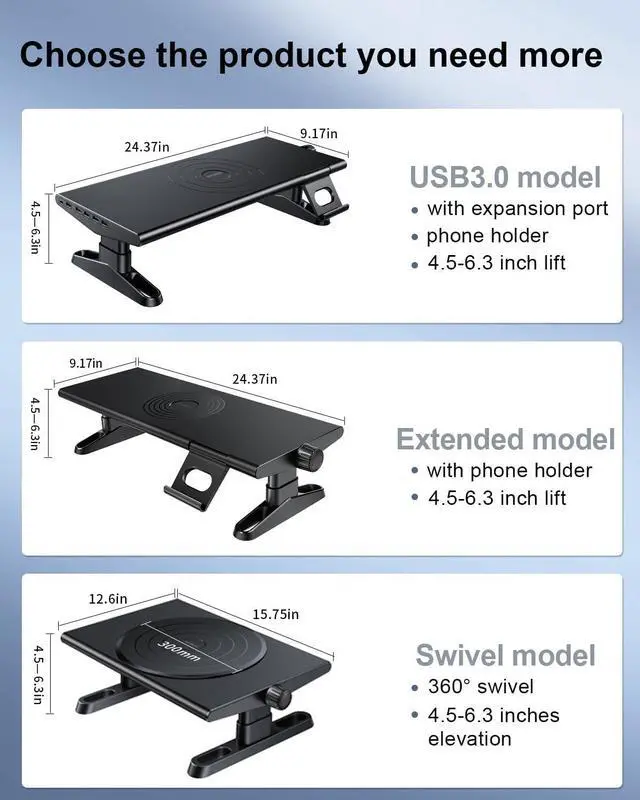 Alt view image 7 of 7 - Computer Monitor Stand Riser for Desk,4.5-6.3 Inches Freely Height Adjustable with Cellphone Holder,Multi-Purpose Desktop Organizer Monitor Stands Riser for Computer,Laptop,Printer,TV (BLack)