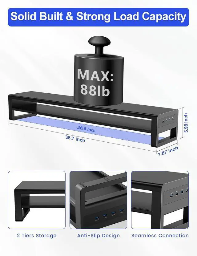Alt view image 7 of 7 - 2 Tiers Dual Monitor Stand with 4 USB 3.0 Hub Ports, Double Monitor Riser, Metal Desk Stand with Storage, Long Screen Raiser for 2 Monitors/PC/Laptop/Computer Space Saver Organizer Office Home School
