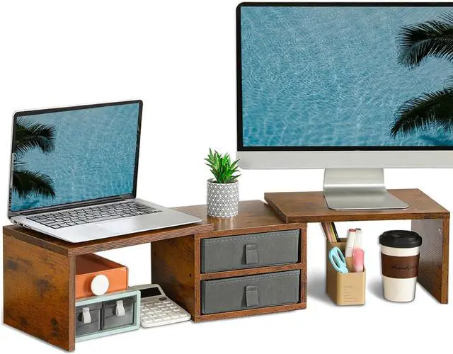 Main image of TEAMIX Dual Monitor Stand Riser with 2 Drawers - Length and Angle Adjustable 3 Shelf Monitor Riser with Storage Desk Organizer Large Monitor Stand for 2 Monitors/Laptop/PC,Screen/TV Stand Riser