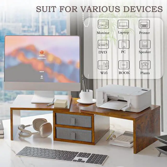 Alt view image 2 of 7 - TEAMIX Dual Monitor Stand Riser with 2 Drawers - Length and Angle Adjustable 3 Shelf Monitor Riser with Storage Desk Organizer Large Monitor Stand for 2 Monitors/Laptop/PC,Screen/TV Stand Riser