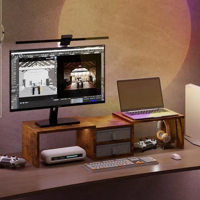 Alt view image 7 of 7 - TEAMIX Dual Monitor Stand Riser with 2 Drawers - Length and Angle Adjustable 3 Shelf Monitor Riser with Storage Desk Organizer Large Monitor Stand for 2 Monitors/Laptop/PC,Screen/TV Stand Riser