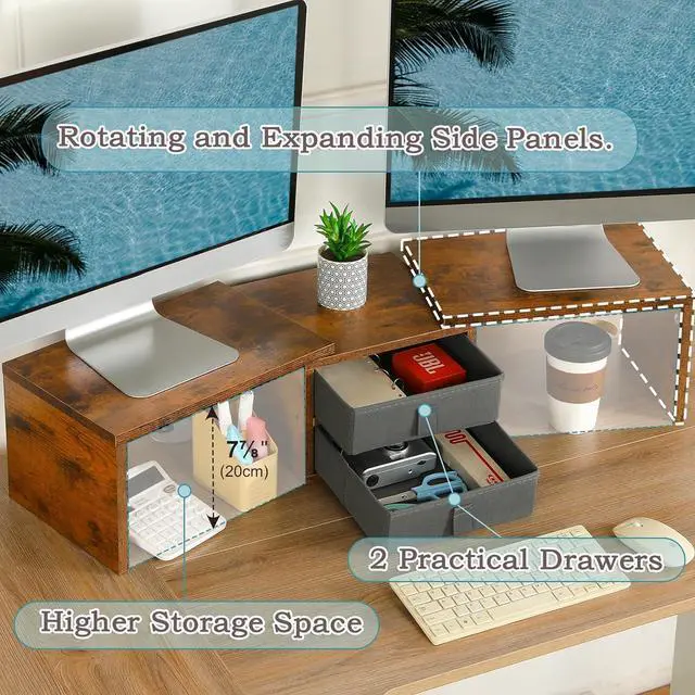 Alt view image 3 of 7 - TEAMIX Dual Monitor Stand Riser with 2 Drawers - Length and Angle Adjustable 3 Shelf Monitor Riser with Storage Desk Organizer Large Monitor Stand for 2 Monitors/Laptop/PC,Screen/TV Stand Riser