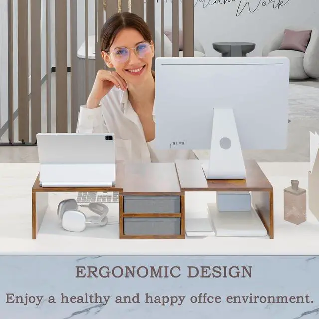 Alt view image 4 of 7 - TEAMIX Dual Monitor Stand Riser with 2 Drawers - Length and Angle Adjustable 3 Shelf Monitor Riser with Storage Desk Organizer Large Monitor Stand for 2 Monitors/Laptop/PC,Screen/TV Stand Riser