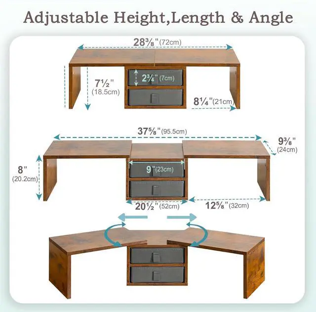 Alt view image 5 of 7 - TEAMIX Dual Monitor Stand Riser with 2 Drawers - Length and Angle Adjustable 3 Shelf Monitor Riser with Storage Desk Organizer Large Monitor Stand for 2 Monitors/Laptop/PC,Screen/TV Stand Riser