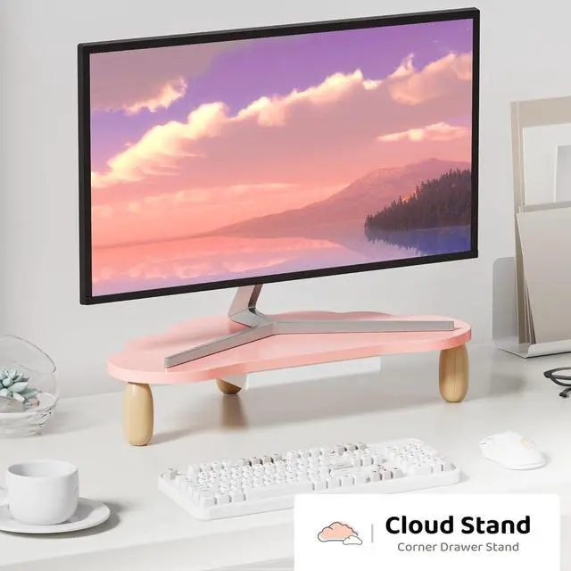 Alt view image 2 of 7 - Monitor Stand Riser,Cloud-Shaped Sturdy Wood Computer Monitor Riser Wirh Drawer, Monitor Stand Riser, Multi-Purpose Desktop Organizer Riser for Computer,Laptop,Printer,TV,Pink