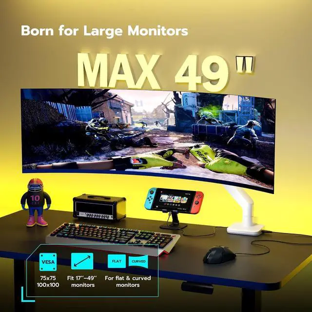 Alt view image 3 of 7 - ARES WING Single Monitor Mount with USB A/C, Heavy Duty Monitor Arm for 17 to 49 inch Ultrawide Screen, Holds 44 lbs, Adjustable Gas Spring Arm Desk Mount with Clamp and Grommet Base, White