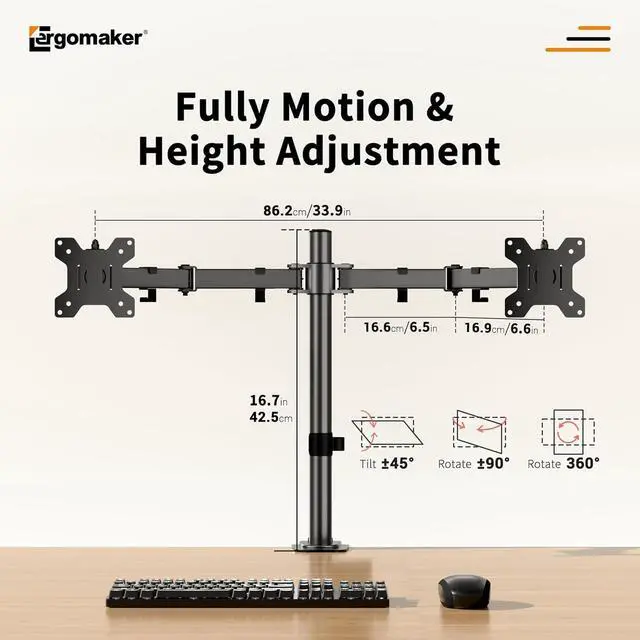 Alt view image 2 of 7 - Dual Monitor Mount for Desk, Monitor Stand Holds 2 Computer Screens Fits 13" to 27", Heavy Duty Fully Adjustable Monitor Arm with C-Clamp and Grommet Base, VESA 75x75 100x100mm, Black