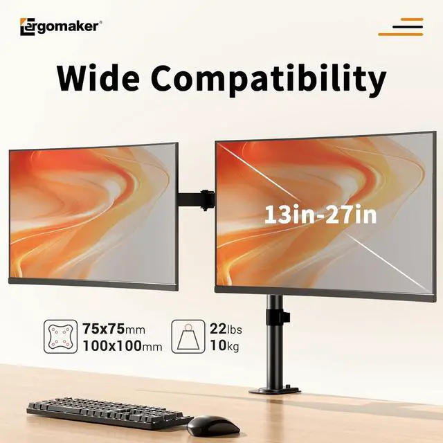 Alt view image 4 of 7 - Dual Monitor Mount for Desk, Monitor Stand Holds 2 Computer Screens Fits 13" to 27", Heavy Duty Fully Adjustable Monitor Arm with C-Clamp and Grommet Base, VESA 75x75 100x100mm, Black