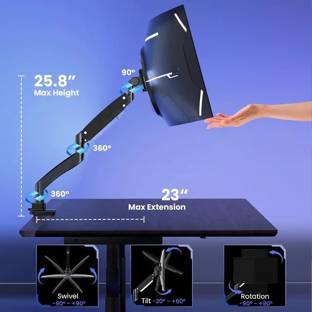 Alt view image 3 of 7 - Ultrawide Monitor-Arm Heavy Duty 22-57 - PUTORSEN Aluminum Single Monitor Mount Holds up to 59.4 lbs, Premium Adjustable Desk Mount Stand, VESA 75/100/200 mm, Black