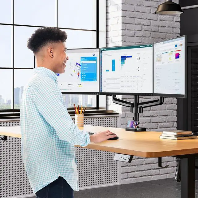 Alt view image 2 of 7 - MOUNT PRO Triple Monitor Mount, 3 Monitor Desk Mount for Three Screens up to 32 Inch, Full Motion Gas Spring Heavy Duty Arm Hold up to 17.6lbs Each, Black